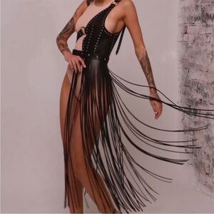 Black Body Harness Studded Long Fringe Statement Harness Belt - NEW